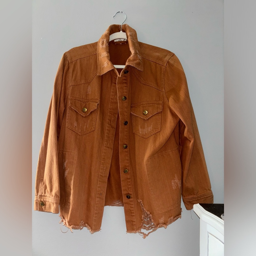 burnt orange distressed denim jacket size M